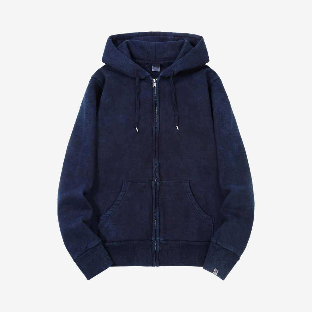 UES 72ZP indigo full zip hooded sweatshirt loopwheel sweat made in Japan heavyweight cotton hoodie front