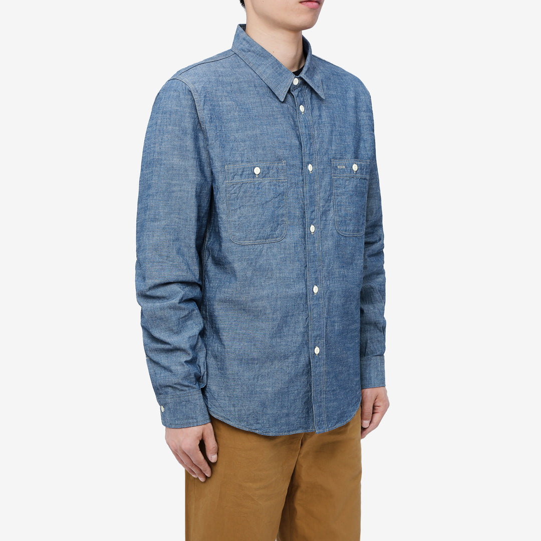 Deluxeware 7623 7oz selvedge chambray work shirt light indigo wear image side front