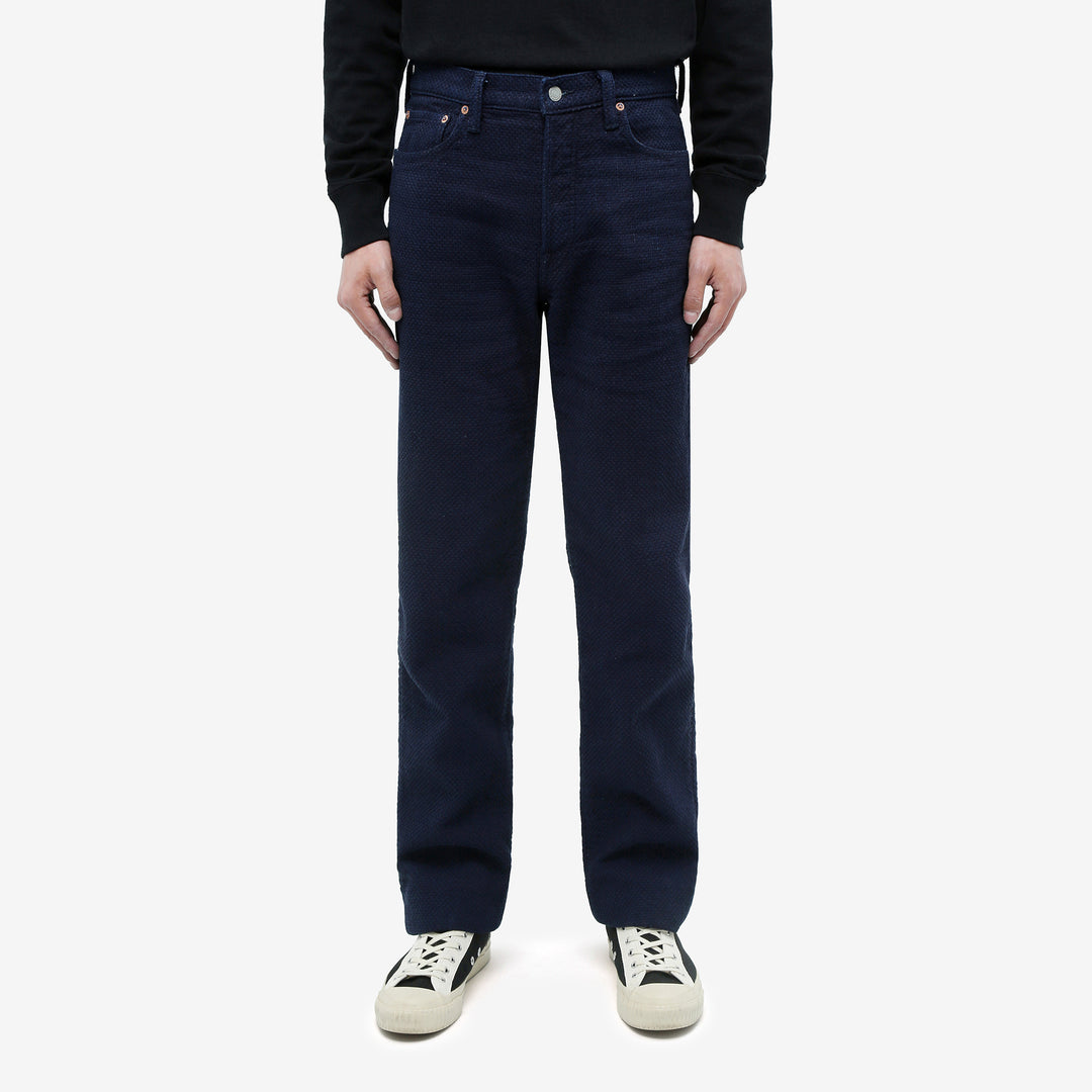 Omoto Denim 0621 indigo sashiko trousers relaxed tapered Japanese pants wear image front