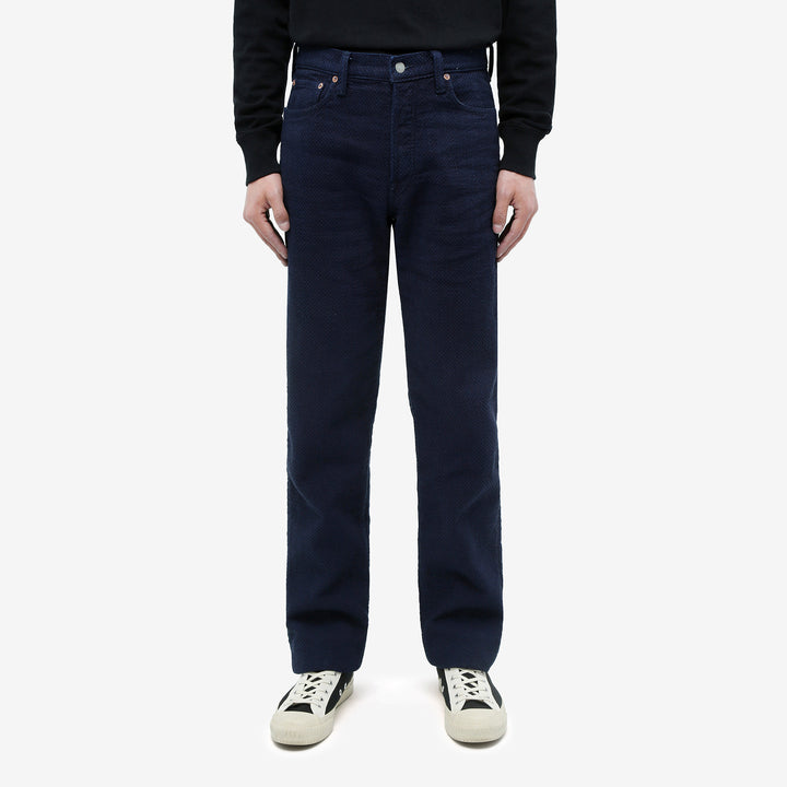 Omoto Denim 0621 indigo sashiko trousers relaxed tapered Japanese pants wear image front