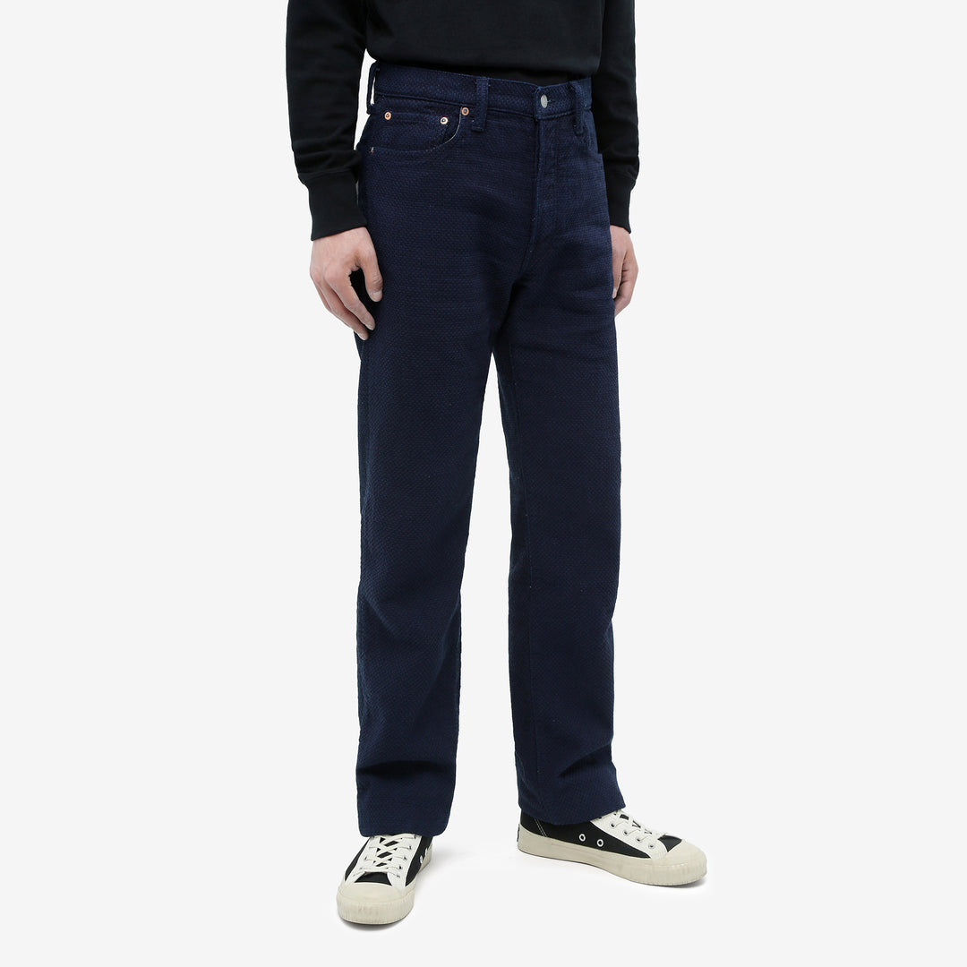 Omoto Denim 0621 indigo sashiko trousers relaxed tapered Japanese pants wear image front side