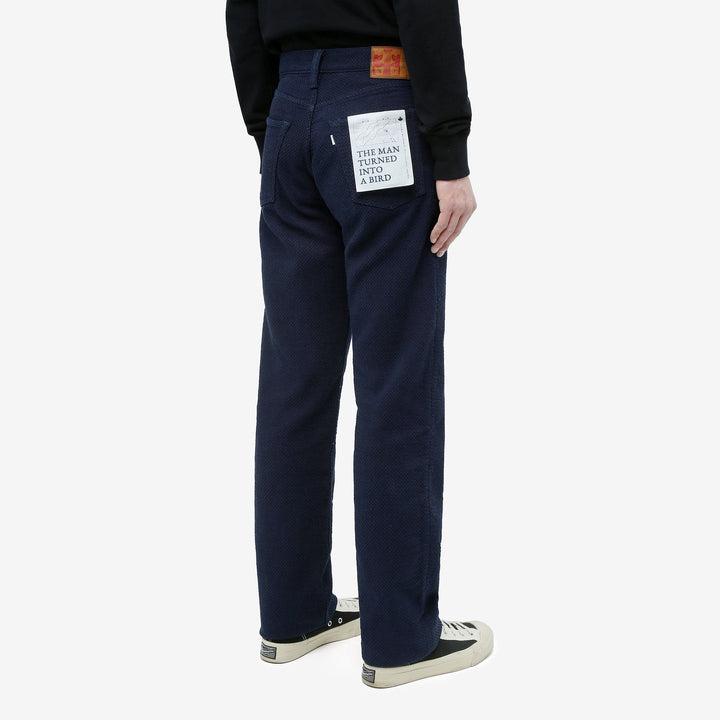 Omoto Denim 0621 indigo sashiko trousers relaxed tapered Japanese pants wear image back side