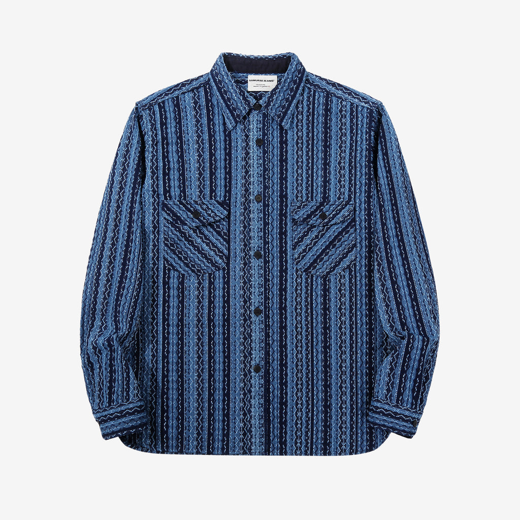 Samurai Jeans SSS25-SKSW Natural Indigo Sashiko Stripe Work Shirt - Front View