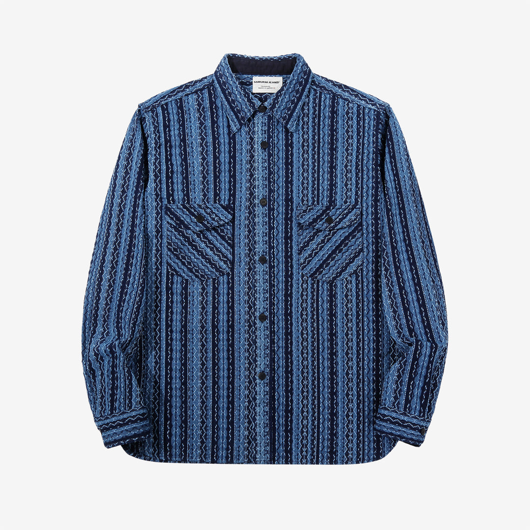 Samurai Jeans SSS25-SKSW Natural Indigo Sashiko Stripe Work Shirt - Front View