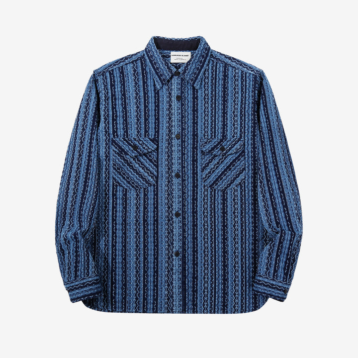 Samurai Jeans SSS25-SKSW Natural Indigo Sashiko Stripe Work Shirt - Front View