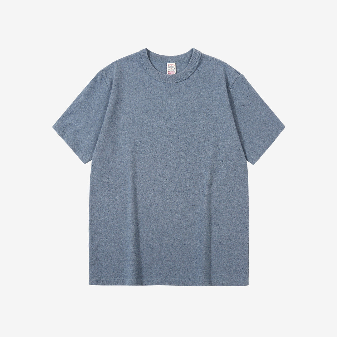 UES recycled denim short sleeve T-shirt made in Japan indigo heather blue front view