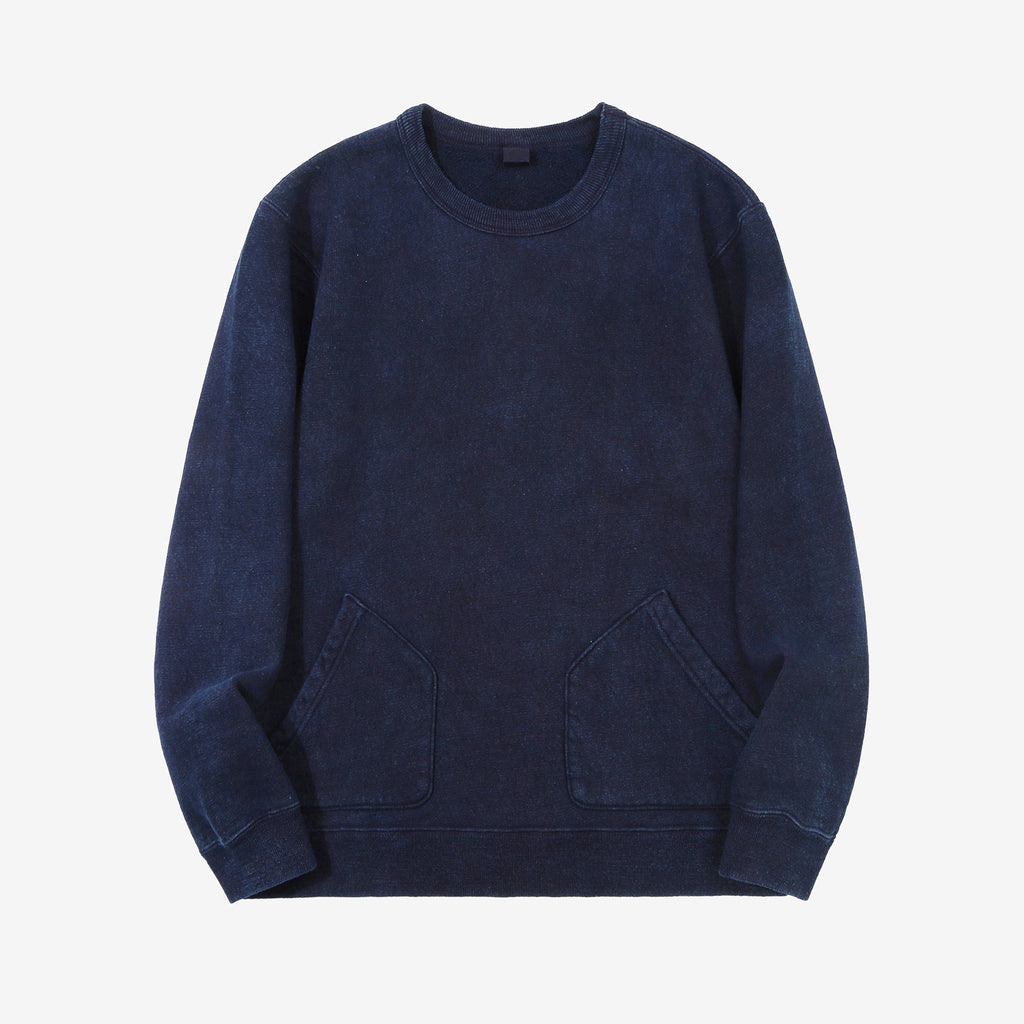UES 742451 indigo loopwheel crewneck sweatshirt with pocket made in Japan slub cotton front