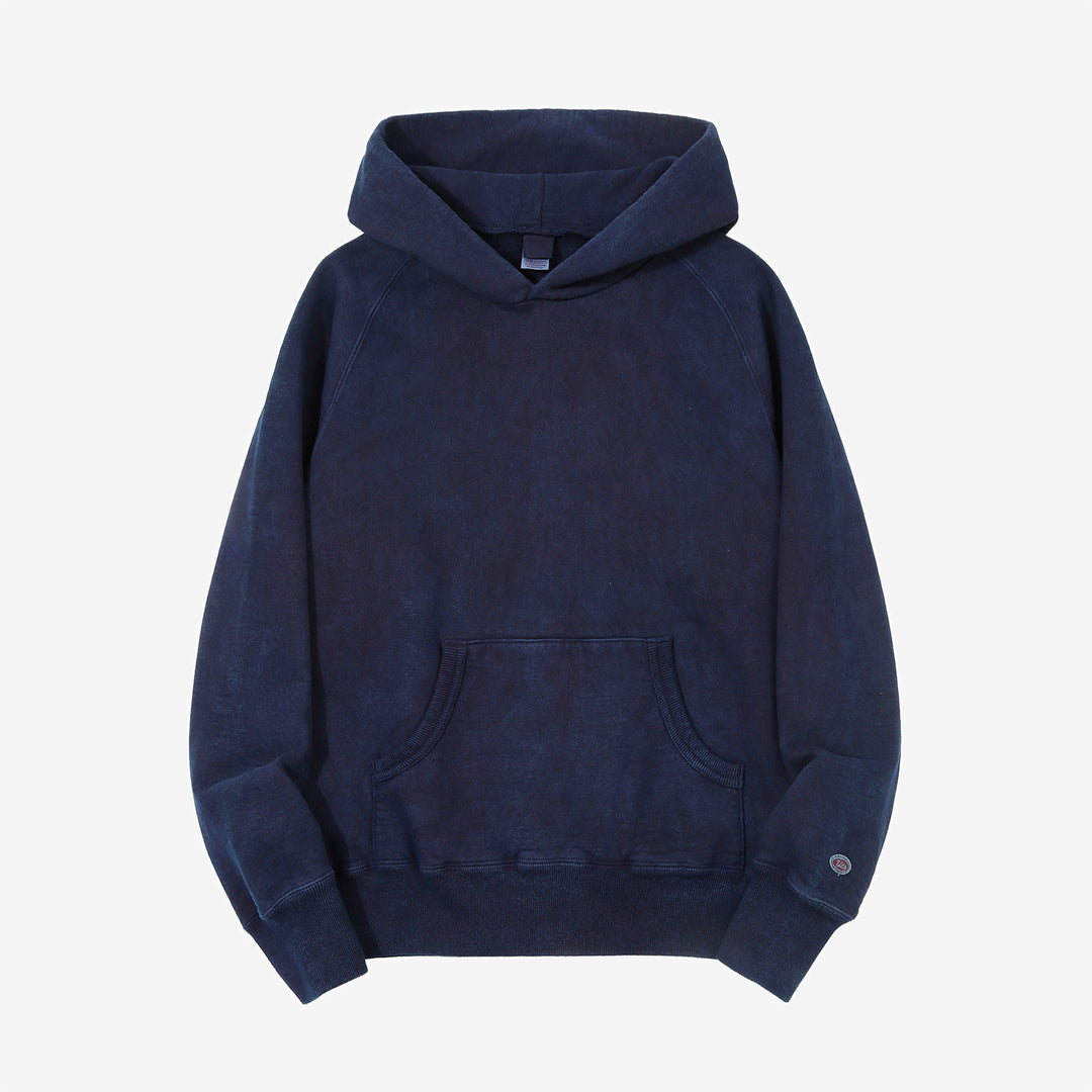 UES 73RF indigo pullover hoodie heavyweight sweat made in Japan kangaroo pocket hooded sweatshirt font view