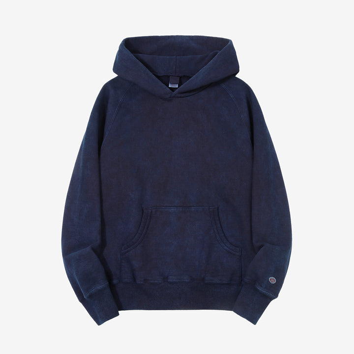 UES 73RF indigo pullover hoodie heavyweight sweat made in Japan kangaroo pocket hooded sweatshirt font view