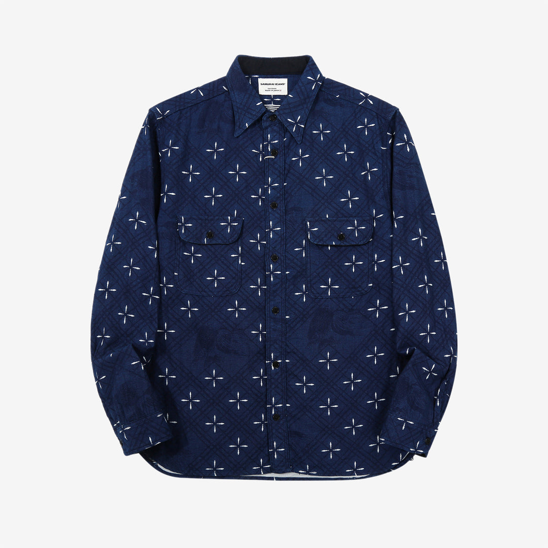 Samurai Jeans SSS25-02W "Narihira" Diamond & Goldfish Indgio Jacquard Work Shirt Made in Japan Front View