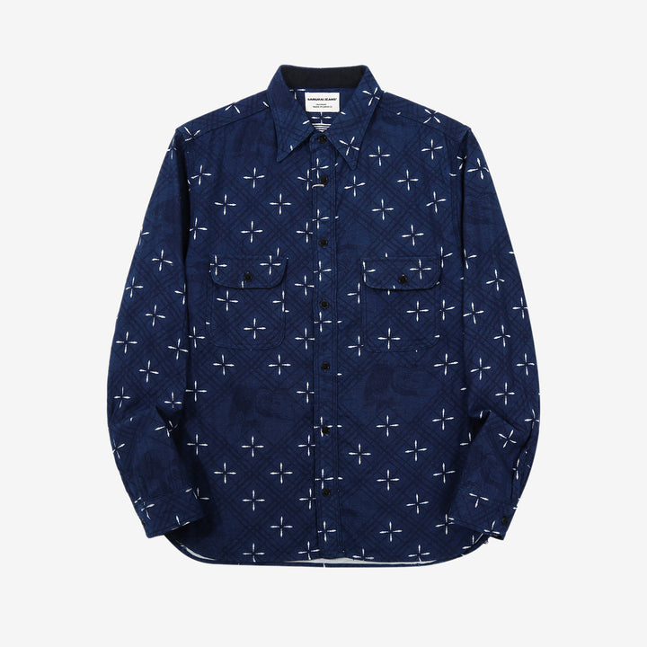 Samurai Jeans SSS25-02W "Narihira" Diamond & Goldfish Indgio Jacquard Work Shirt Made in Japan Front View