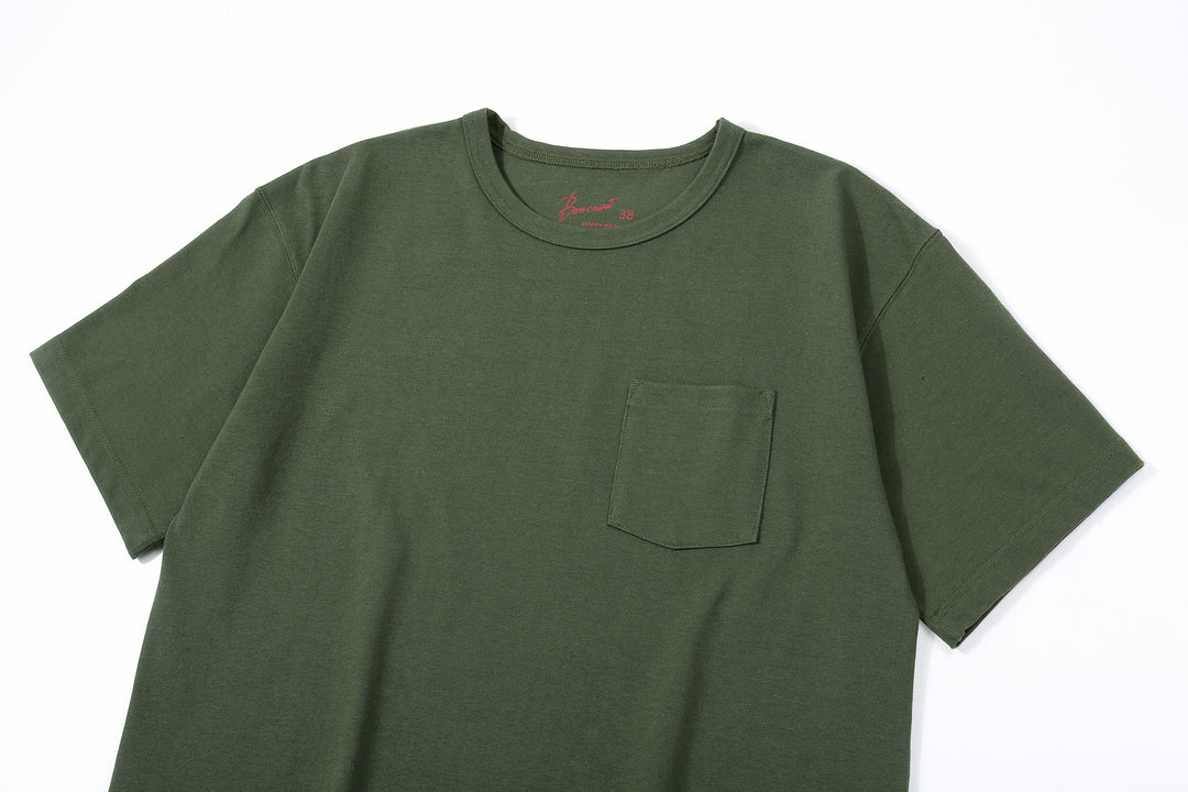 Boncoura High Density Heavyweight Pocket T-Shirt Made in Japan Olive Neck