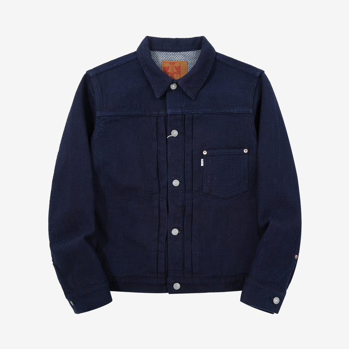 Omoto Denim 3121 indigo sashiko Type 1 jacket Japanese handmade fabric front