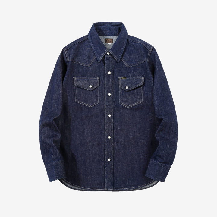 Deluxeware 7600 Wildman 10oz selvedge denim western shirt indigo front view