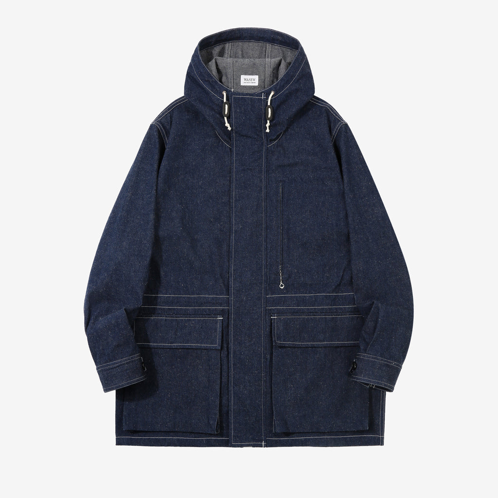 WASEW WSW-25S-001 10oz jelt denim mountain parka hooded jacket made in Japan lightweight denim outerwear front view