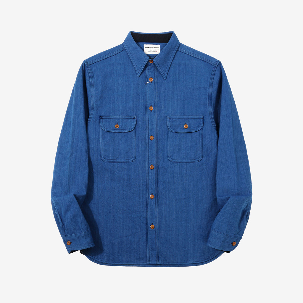 Samurai Jeans SSS25-AHBW Asagi natural indigo herringbone work shirt front view