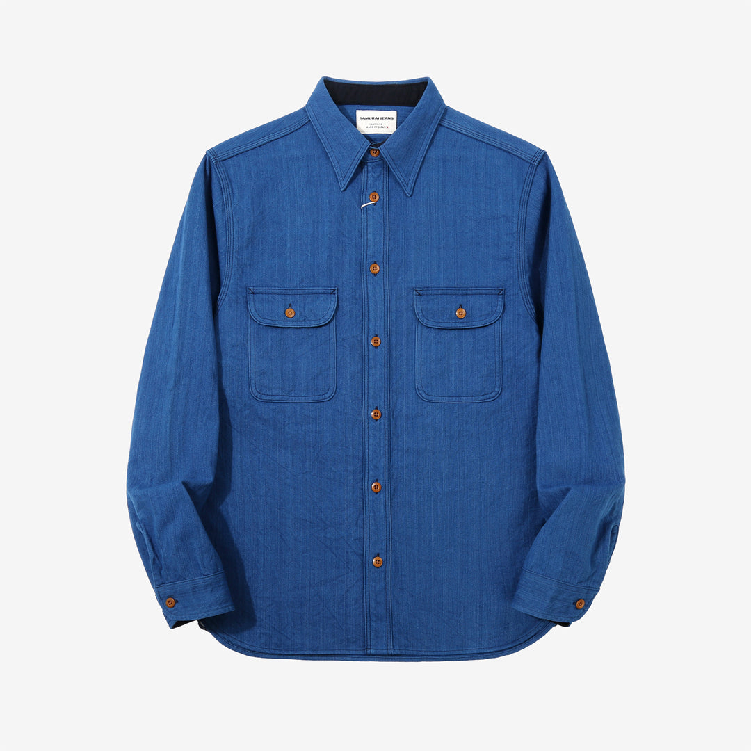 Samurai Jeans SSS25-AHBW Asagi natural indigo herringbone work shirt front view