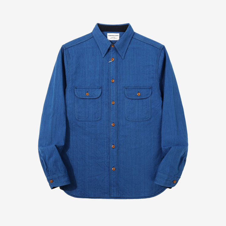 Samurai Jeans SSS25-AHBW Asagi natural indigo herringbone work shirt front view