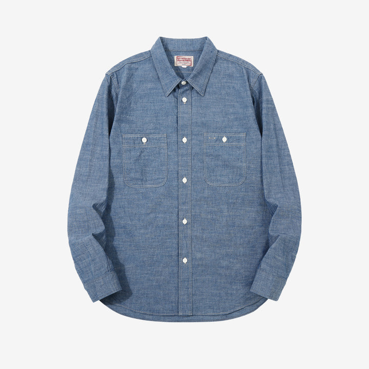 Deluxeware 7623 7oz selvedge chambray work shirt light indigo front view
