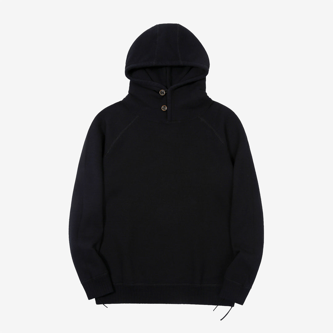 Pure Blue Japan 5410-IDBK Indigo Pullover Hoodie Black Overdye – Front View with Hood Raised