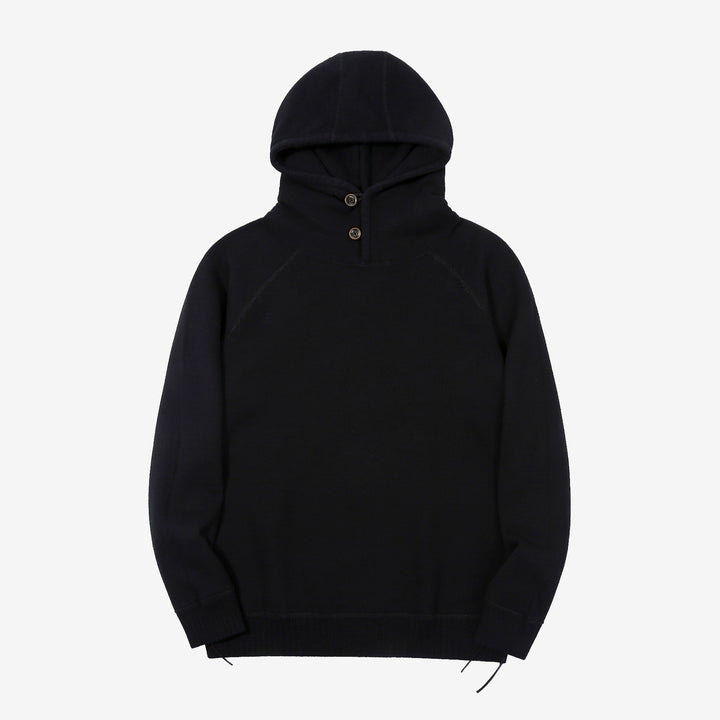Pure Blue Japan 5410-IDBK Indigo Pullover Hoodie Black Overdye – Front View with Hood Raised