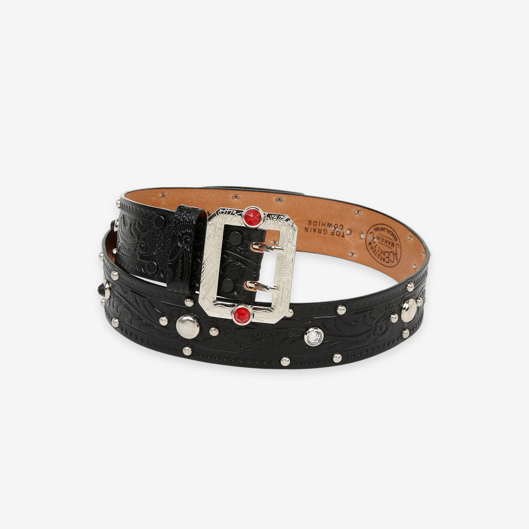 Attractions x ACE Western Belts A20032 Studded and Jeweled Belt Black – Rolled Front View