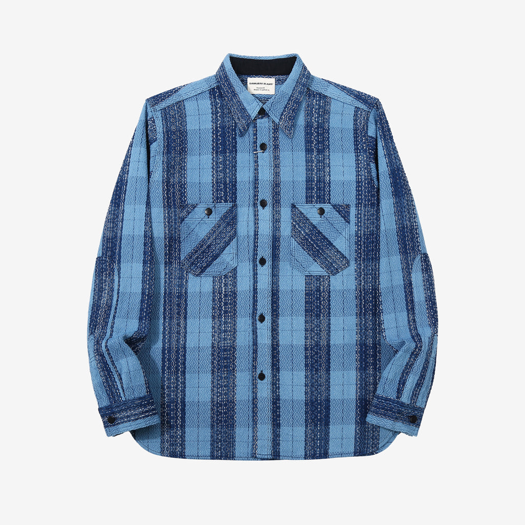 Samurai Jeans SKN24-01W rain drop kasuri sashiko flannel work shirt front view