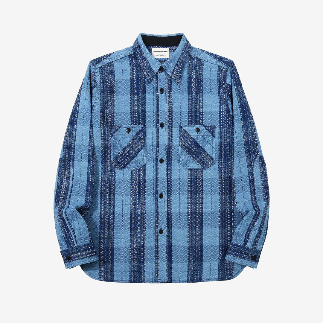 Samurai Jeans SKN24-01W rain drop kasuri sashiko flannel work shirt front view