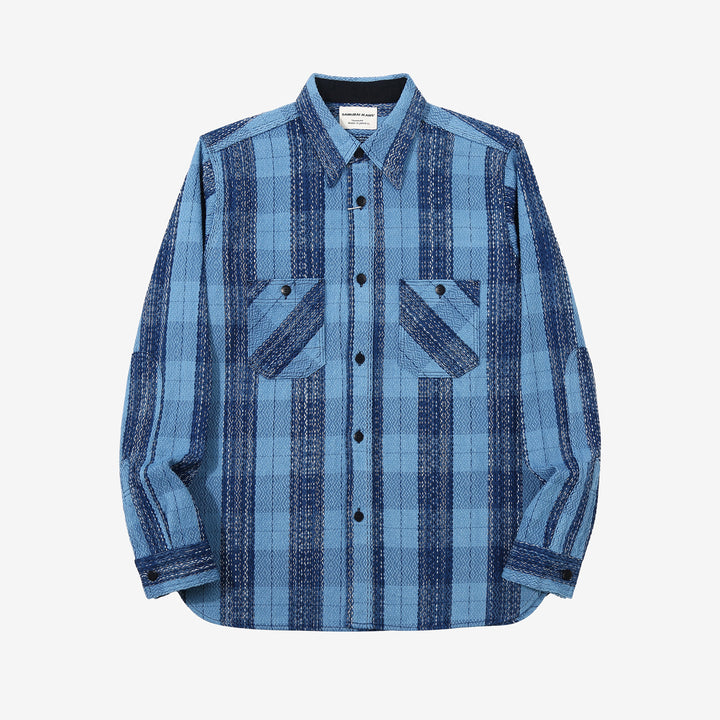 Samurai Jeans SKN24-01W rain drop kasuri sashiko flannel work shirt front view