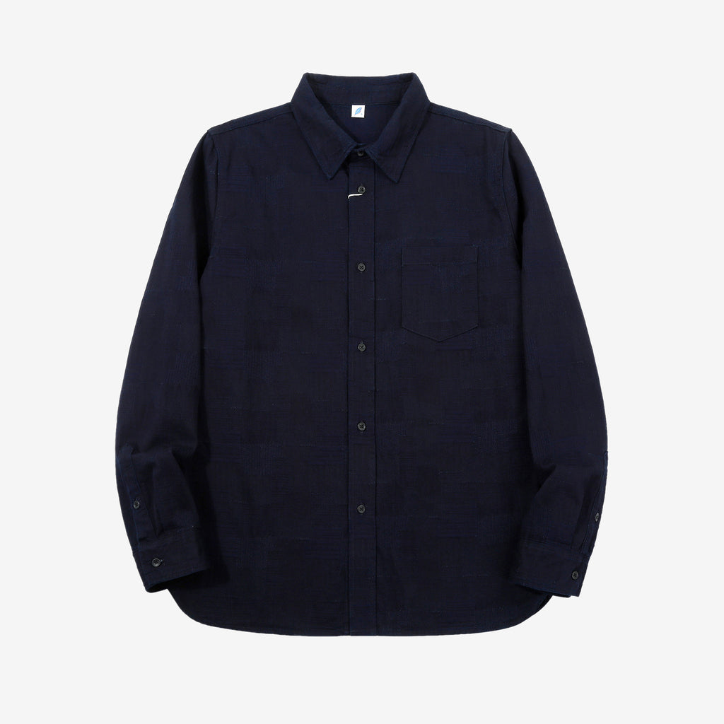 Pure Blue Japan 2239-ID Jacquard Patchwork Boro Shirt Indigo x Indigo Made in Japan Front