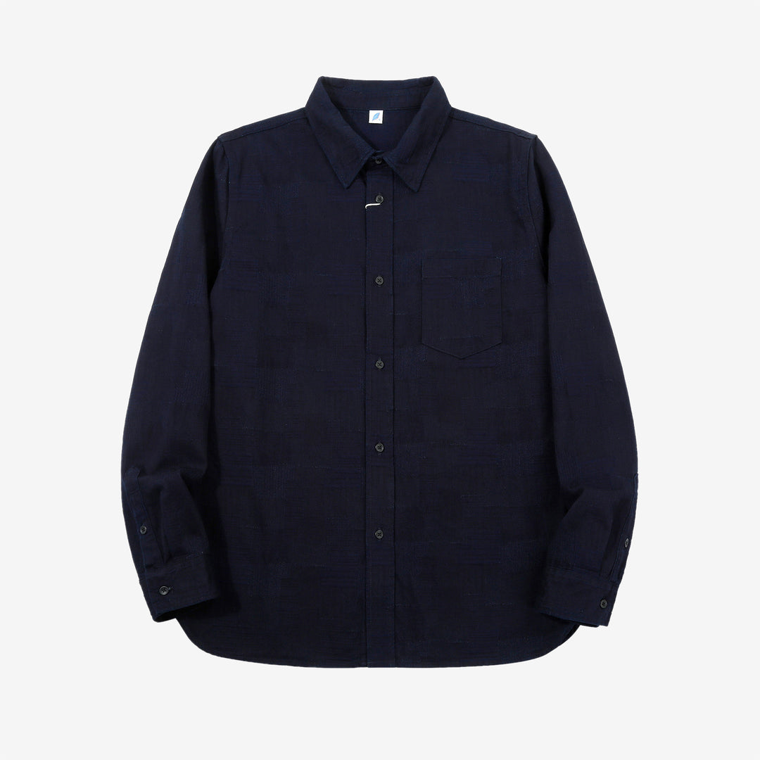 Pure Blue Japan 2239-ID Jacquard Patchwork Boro Shirt Indigo x Indigo Made in Japan Front
