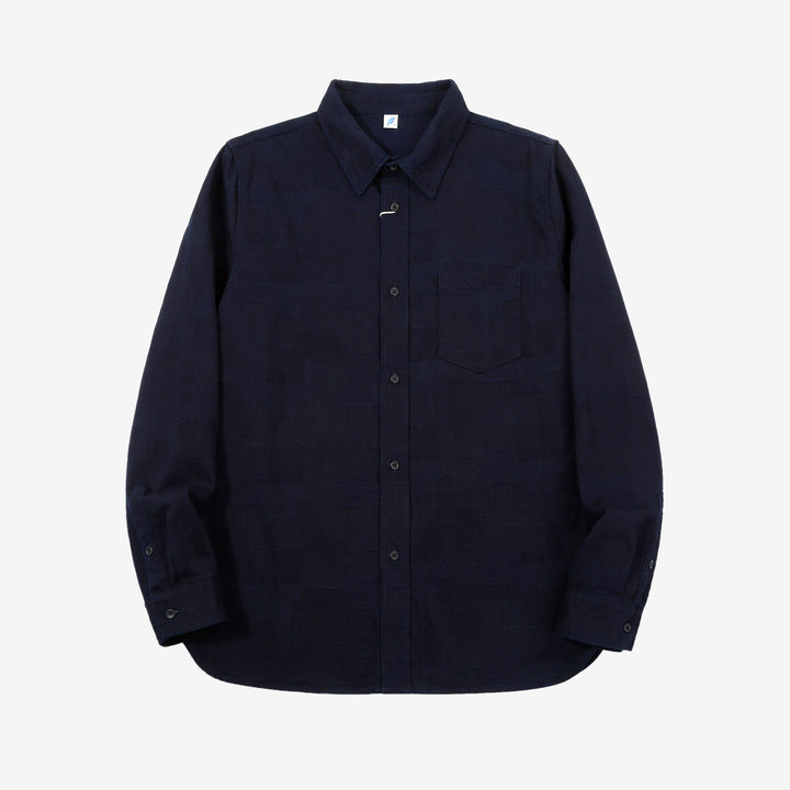 Pure Blue Japan 2239-ID Jacquard Patchwork Boro Shirt Indigo x Indigo Made in Japan Front