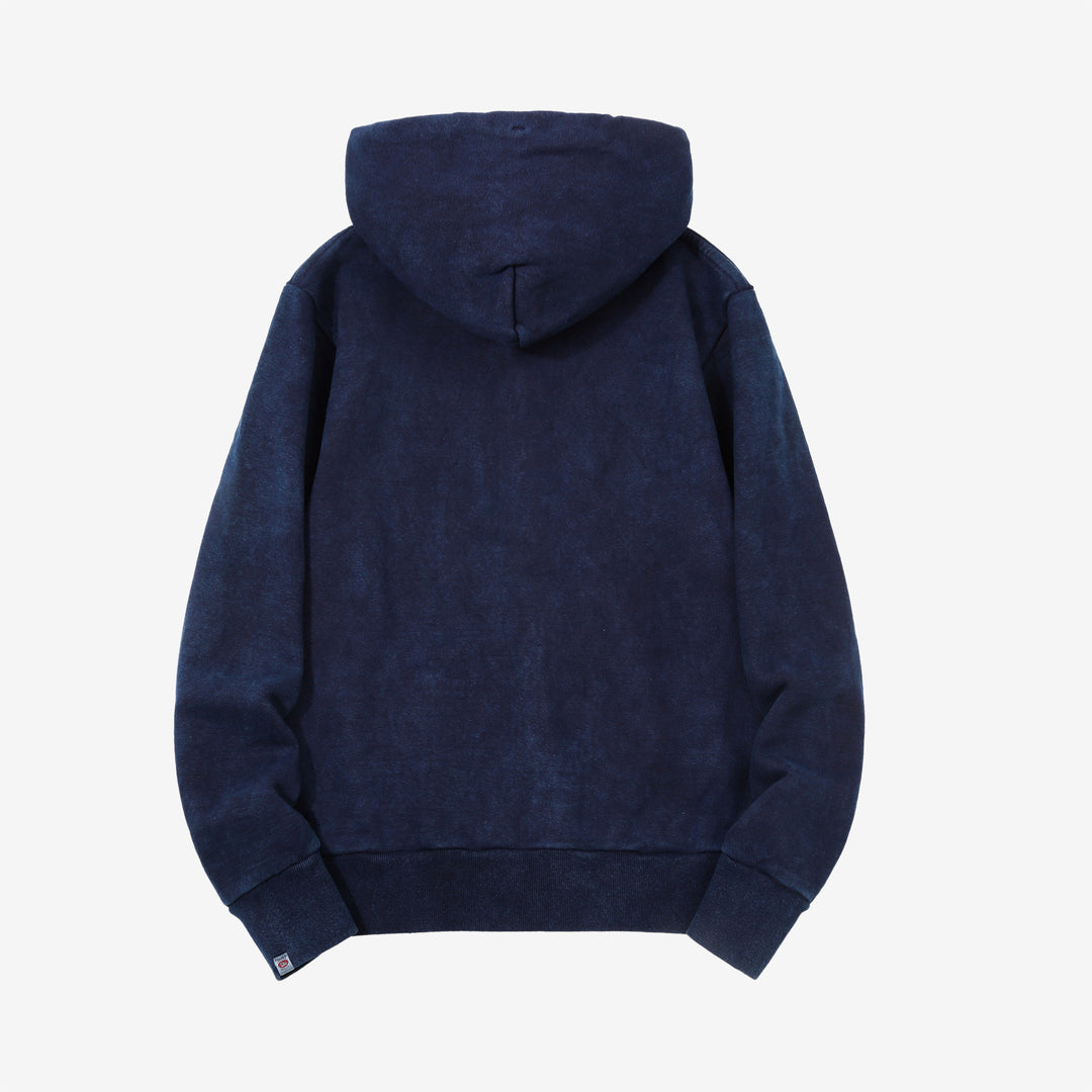 UES 72ZP indigo full zip hooded sweatshirt loopwheel sweat made in Japan heavyweight cotton hoodie back view