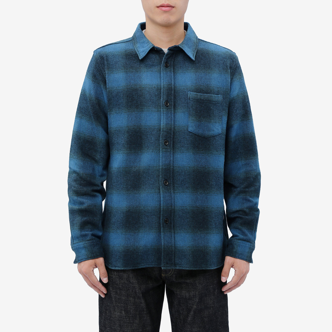 Pure Blue Japan 2235-BE Indigo Overdyed Cotton Tweed Check Shirt – Model Front View