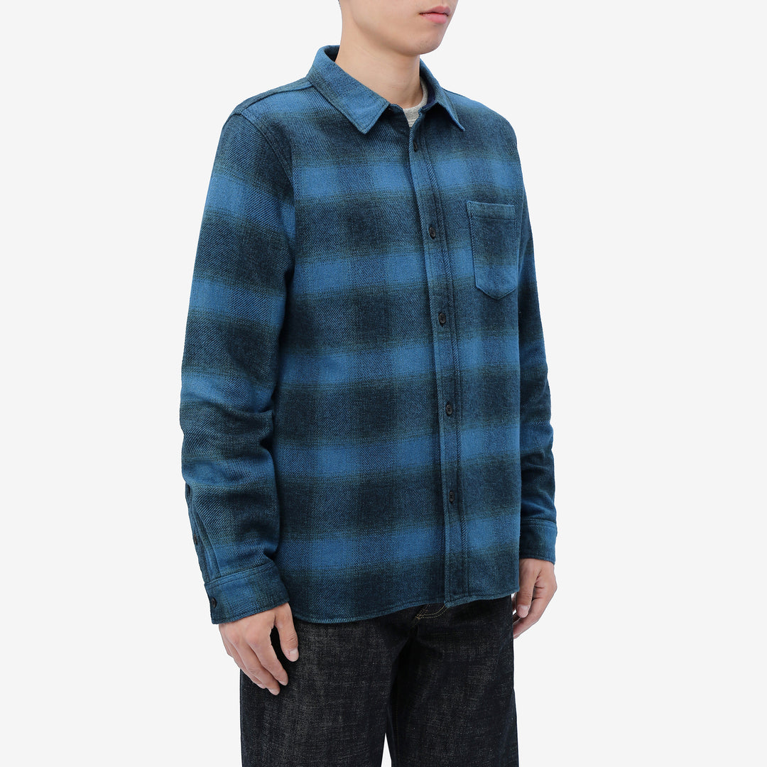Pure Blue Japan 2235-BE Indigo Overdyed Cotton Tweed Check Shirt – Model Angled View