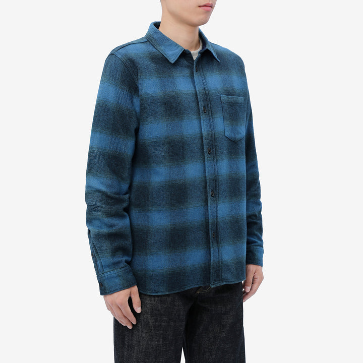 Pure Blue Japan 2235-BE Indigo Overdyed Cotton Tweed Check Shirt – Model Angled View