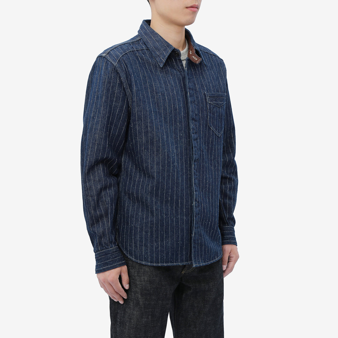 DELUXEWARE 7630A 12oz Selvedge Denim Flannel Shirt Indigo Model Side View