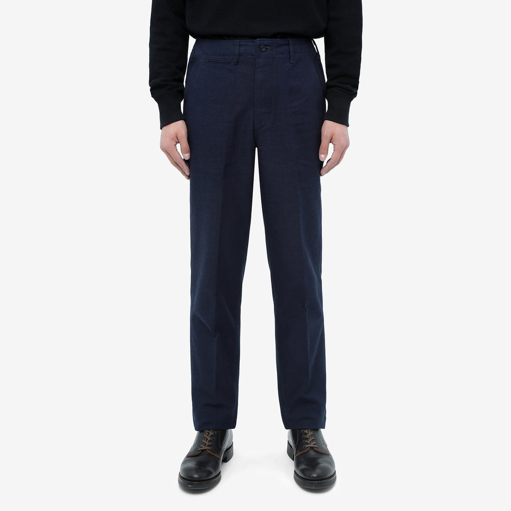 Boncoura 41 indigo HBT trousers relaxed tapered fit front view
