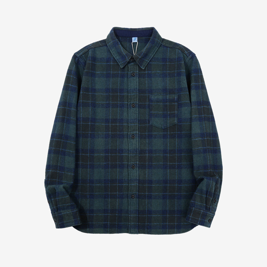 Pure Blue Japan 2235-BR Cotton Tweed Check Indigo Overdyed Shirt - Front View