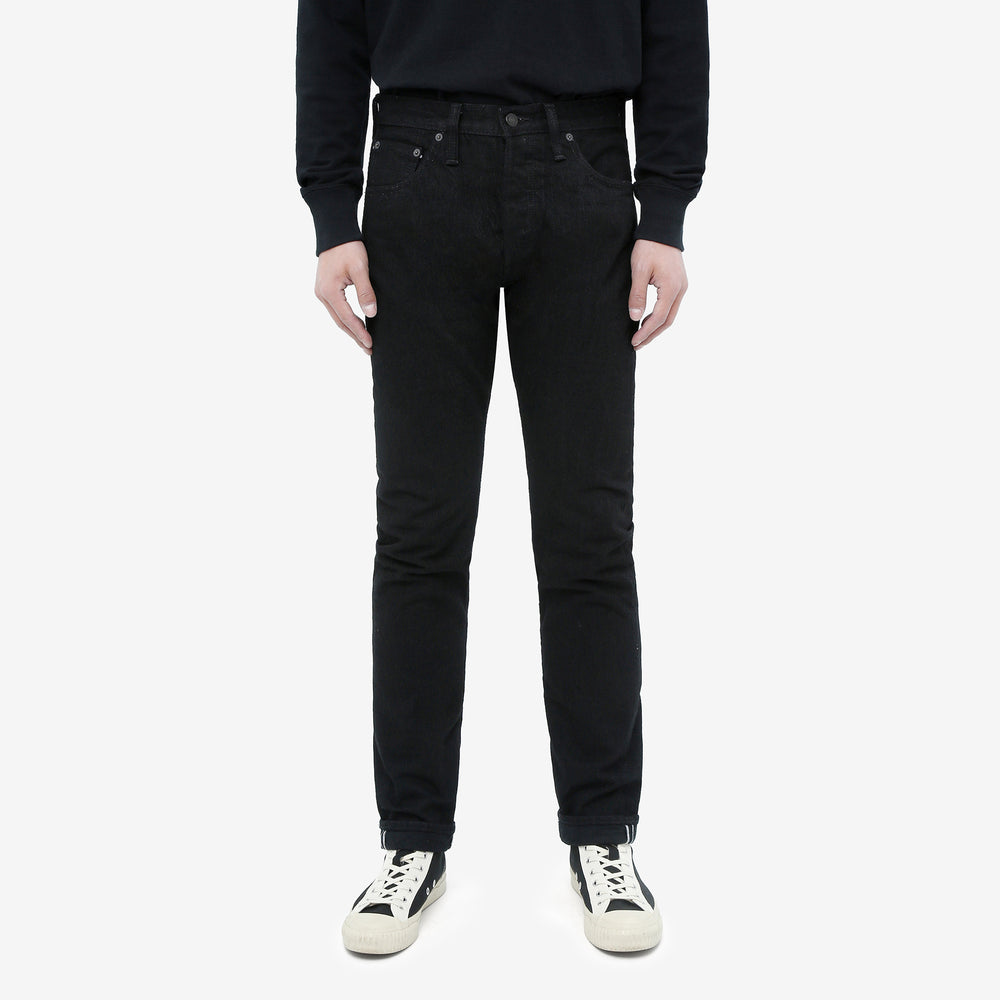 Pure Blue Japan XX-019-BK 14oz Black x Black Selvedge Denim Relaxed Tapered Fit - Model Front View