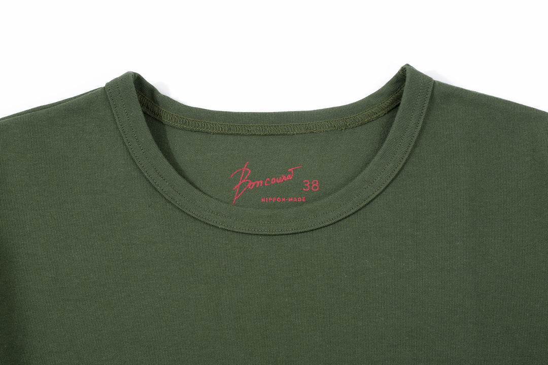 Boncoura High Density Heavyweight Pocket T-Shirt Made in Japan Olive Collar
