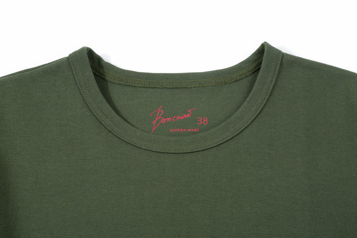 Boncoura High Density Heavyweight Pocket T-Shirt Made in Japan Olive Collar