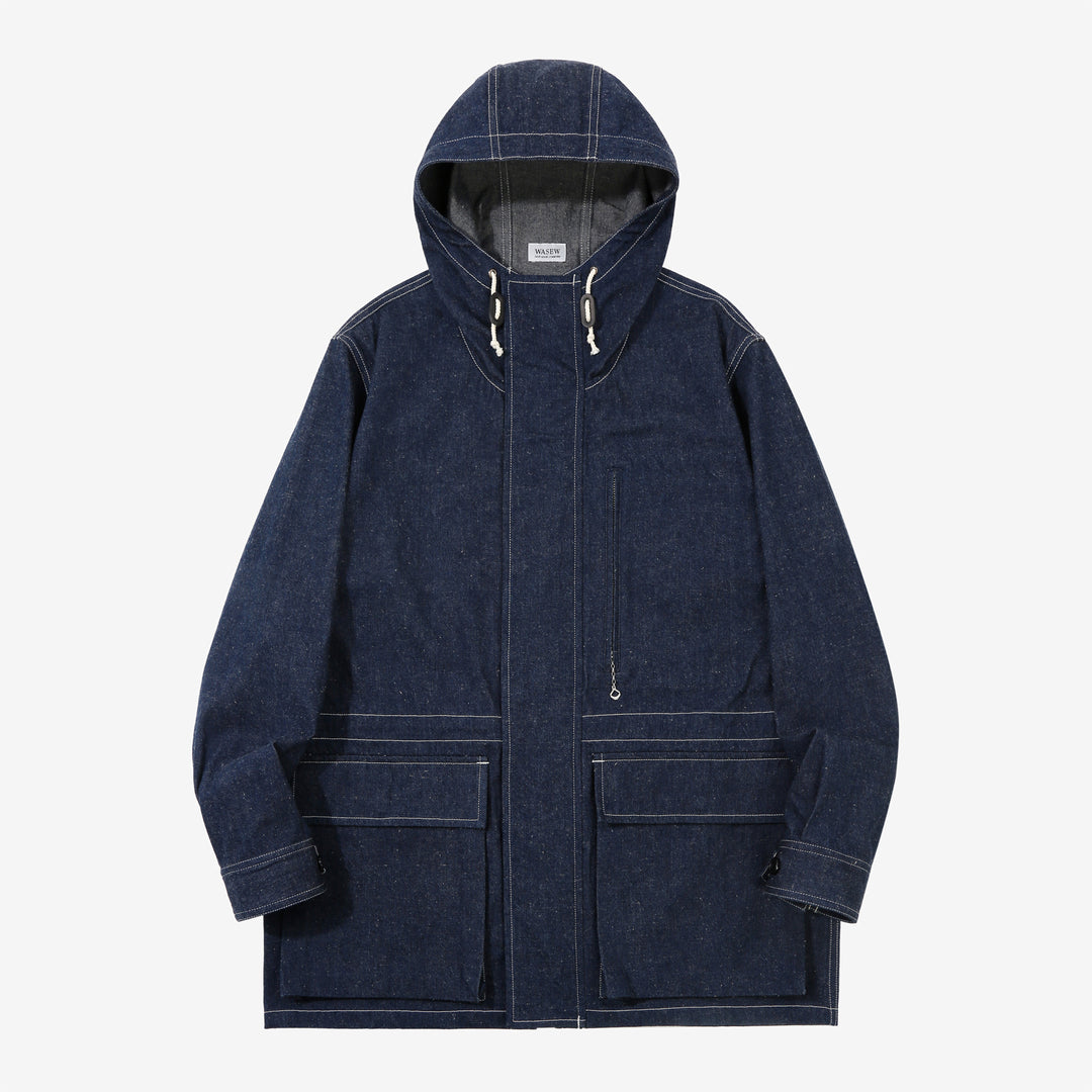 WASEW WSW-25S-001 10oz jelt denim mountain parka hooded jacket made in Japan lightweight denim outerwear front full view