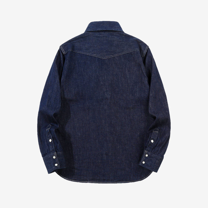 Deluxeware 7600 Wildman 10oz selvedge denim western shirt indigo back view