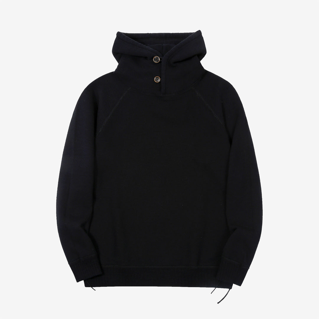 Pure Blue Japan 5410-IDBK Indigo Pullover Hoodie Black Overdye – Front View with Hood Lowered