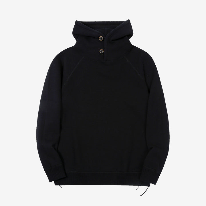 Pure Blue Japan 5410-IDBK Indigo Pullover Hoodie Black Overdye – Front View with Hood Lowered