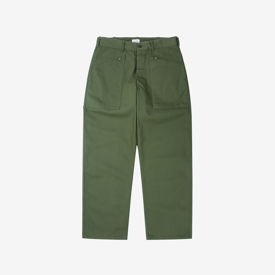 WASEW WSW-25A-011 herringbone twill mechanic pants sage green made in Japan straight fit work pants front view