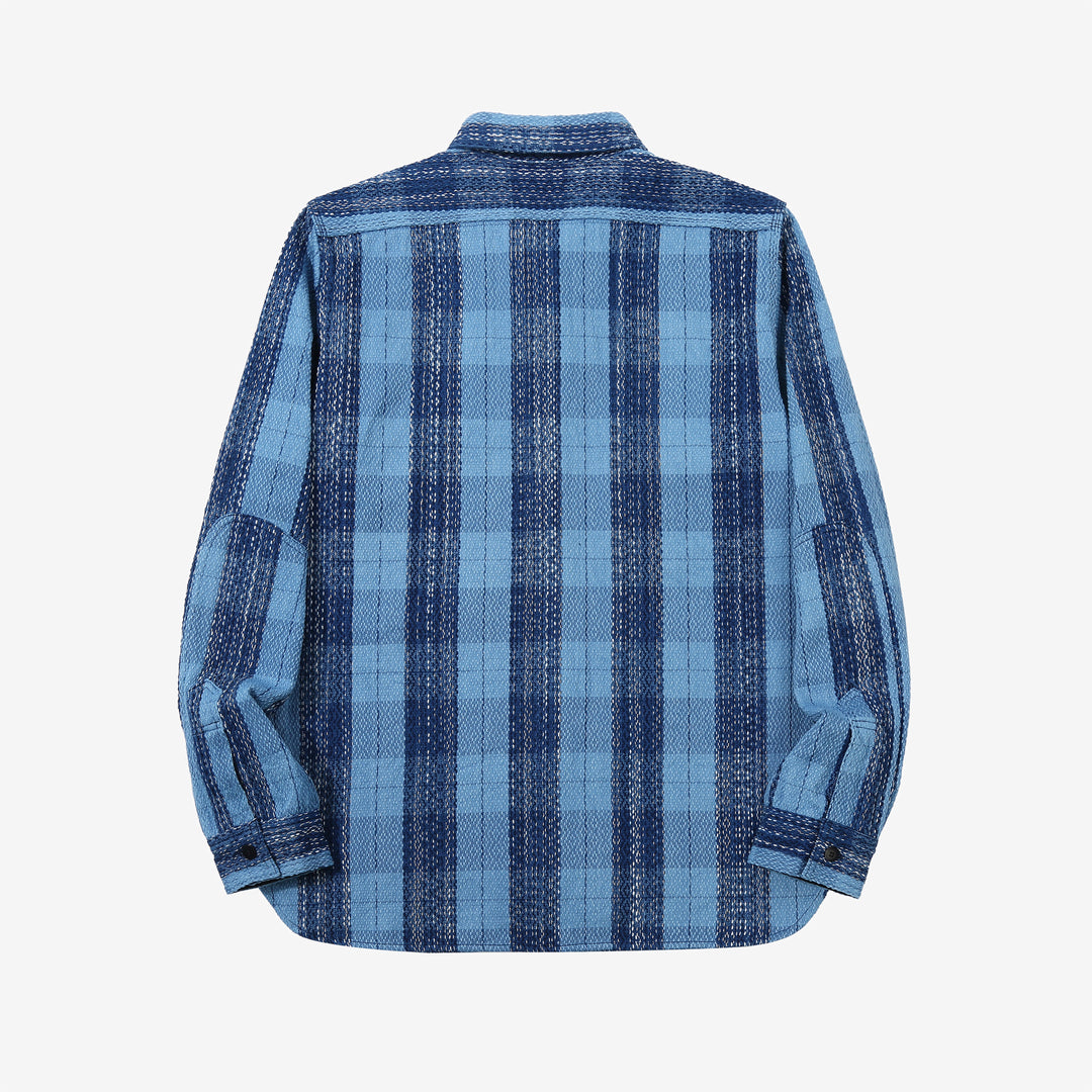 Samurai Jeans SKN24-01W rain drop kasuri sashiko flannel work shirt back view