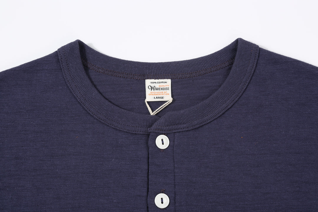 Warehouse Lot 4601 Shadow Border Slub Yarn Henley T-Shirt Made in Japan Eggplant Neck Detail