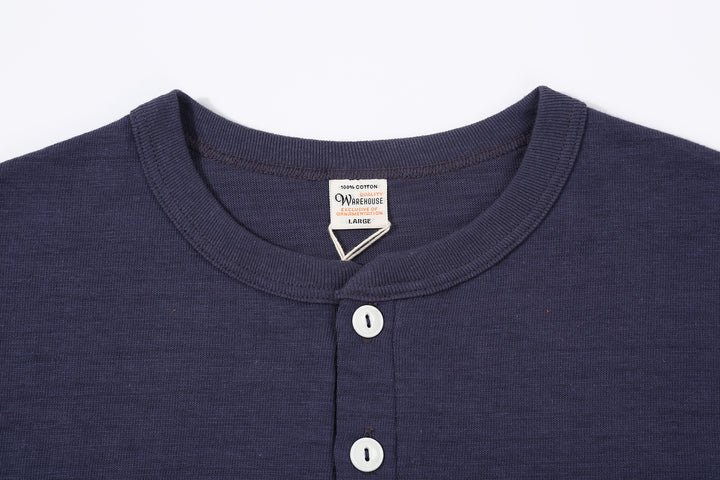 Warehouse Lot 4601 Shadow Border Slub Yarn Henley T-Shirt Made in Japan Eggplant Neck Detail